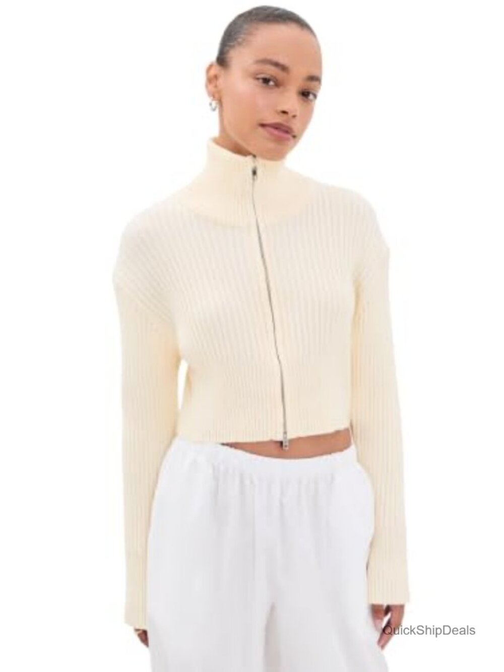 Women's Super-Stretch Ribbed Knit Zip Cardigan Funnel Neck Long Bell Sleeves